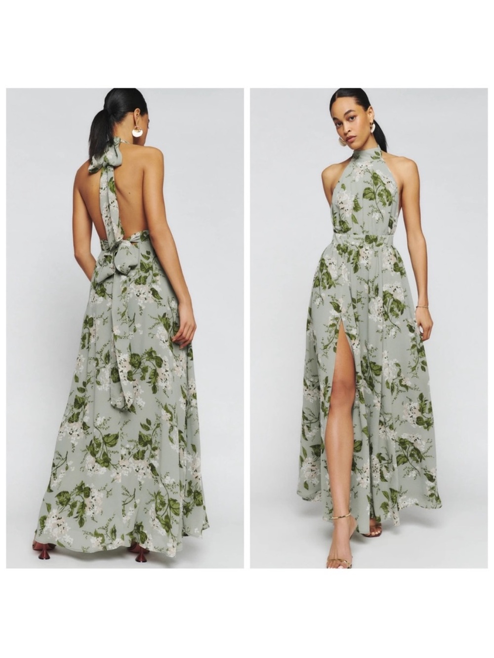 Reformation Sage Green Floral Halter Maxi Dress with Back Bow